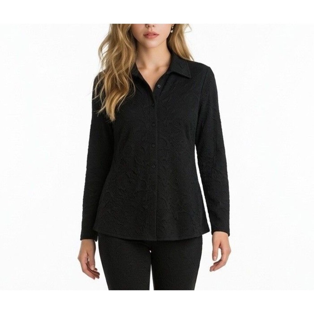 Vintage 90s Pleats Collection Women’s Textured Black Button Down Shirt L